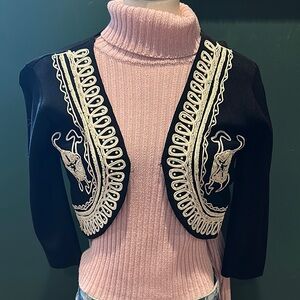 Black Embroidered Cropped Cardigan with Pink Turtleneck Layer